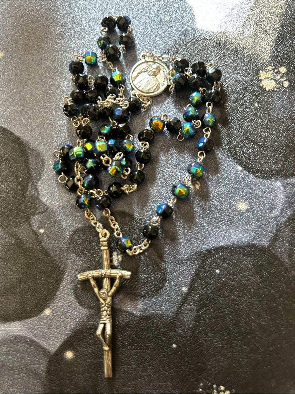 Black and Iridescent Rosary Necklace with Silver Crucifix. Purchased in Rome.
